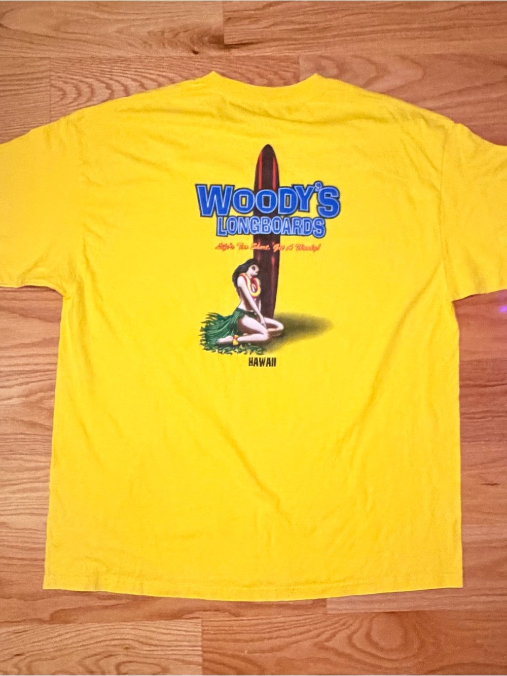 Woody's Longboards yellow crew neck short sleeve tee from Hawaii.